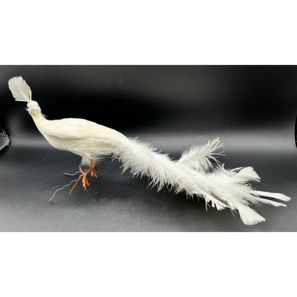 White Feathered Peacock Bird Ornament Long Tail Wire Feet Vintage 14" Christmas